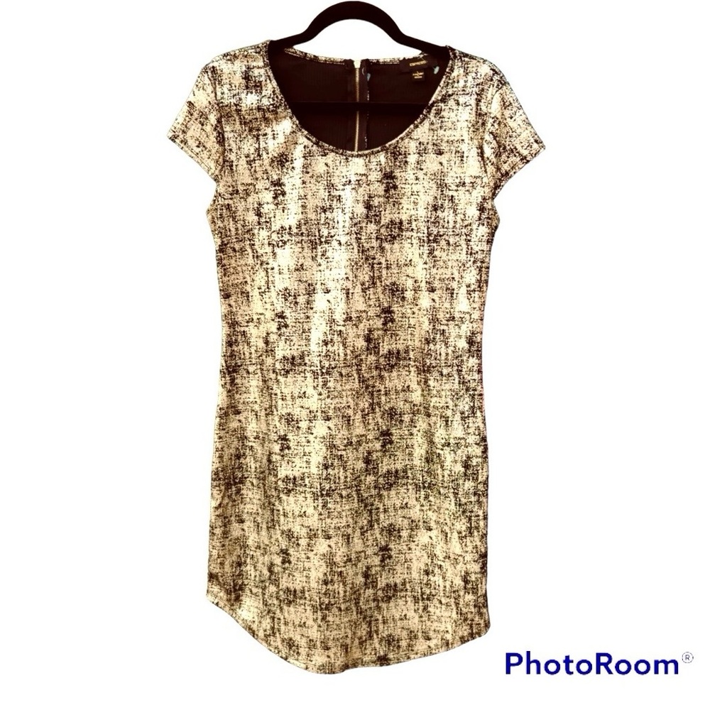 Espresso Gold Metallic & Black Shift Dress Cap Sleeve Size Large